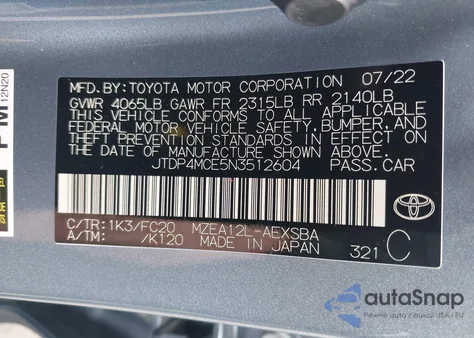 2022 Toyota Corolla Se from USA, damaged, VIN JTDP4MCE5N3512604
